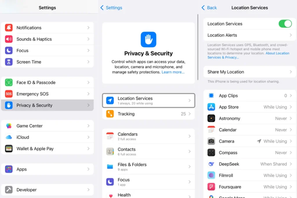 مراحل دسترسی به تنظیمات لوکیشن آیفون (Location Services)