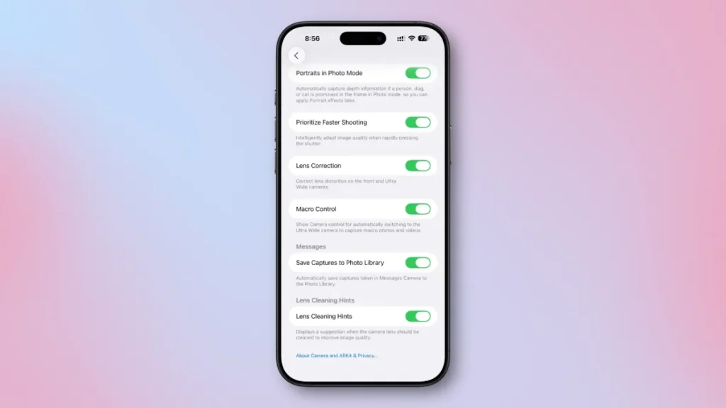 تنظیمات اپلیکیشن دوربین در iOS 26
