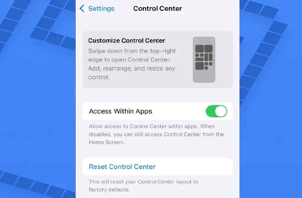 بخش کنترل سنتر در تنظیمات iOS