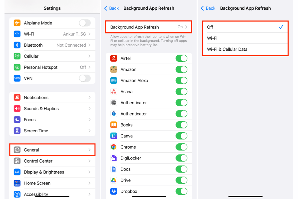 تنظیمات Background App Refresh