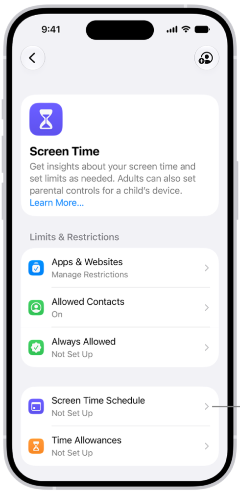 صفحه تنظیمات Screen Time آیفون